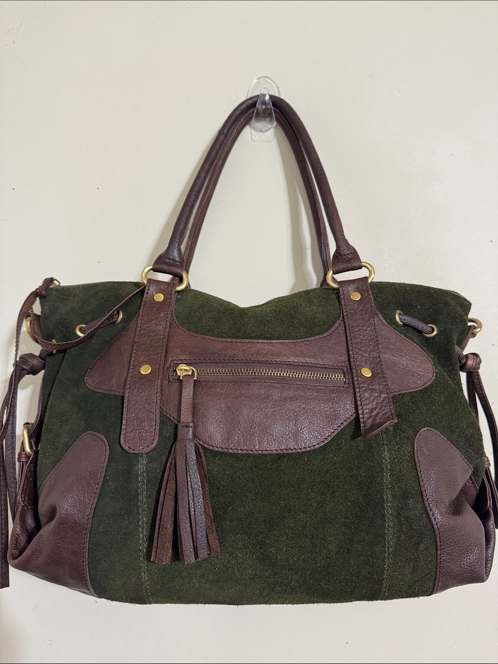 Dark Green Suede Satchel Handbag Brown Leather Trim Y2K Classic Old Money Fall